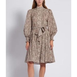 NWT Secular Womens High Neck Jolie Dress Belted Waist Size XS Woodgrain and Nude